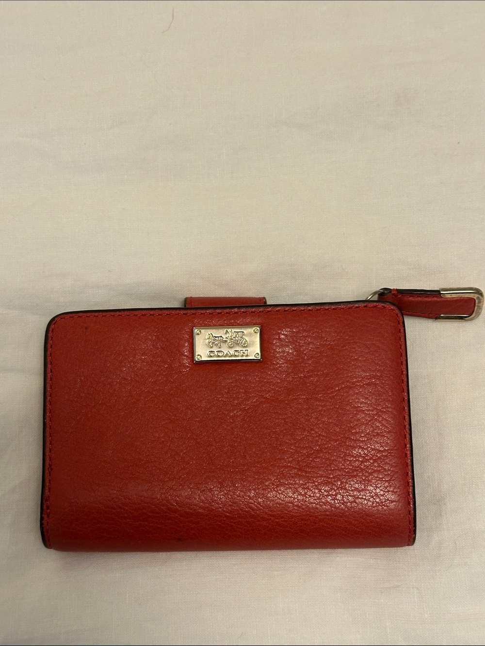 COACH Red Leather Compact Zip Wallet with Gold Plate